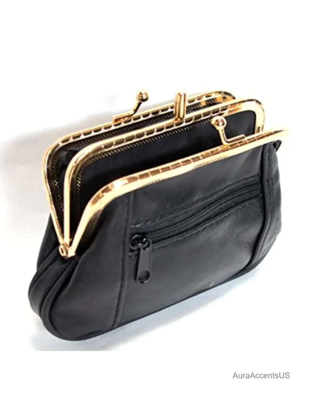 Genuine Leather Mini Wallet with Framed & Zipper Closures